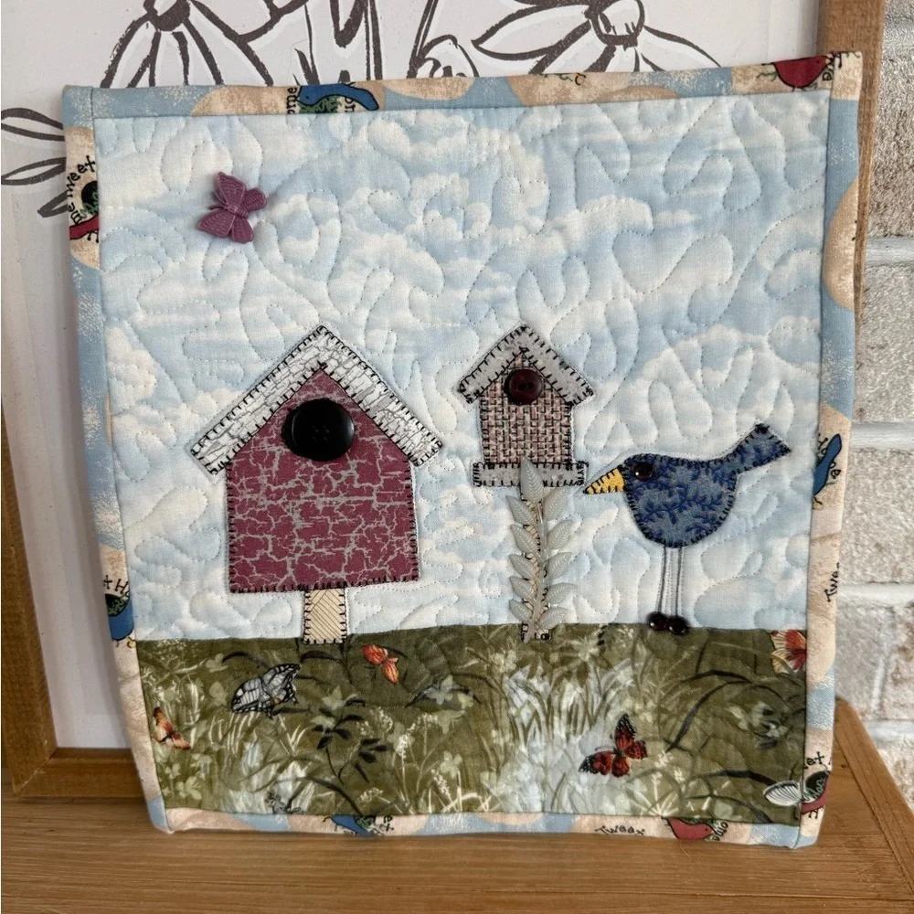 Homemade “Home Tweet Home” beaded quilted art square